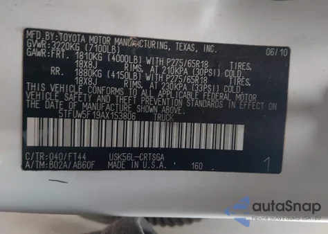2010 Toyota Tundra Grade 5.7L V8 from USA, damaged, VIN 5TFUW5F19AX153806